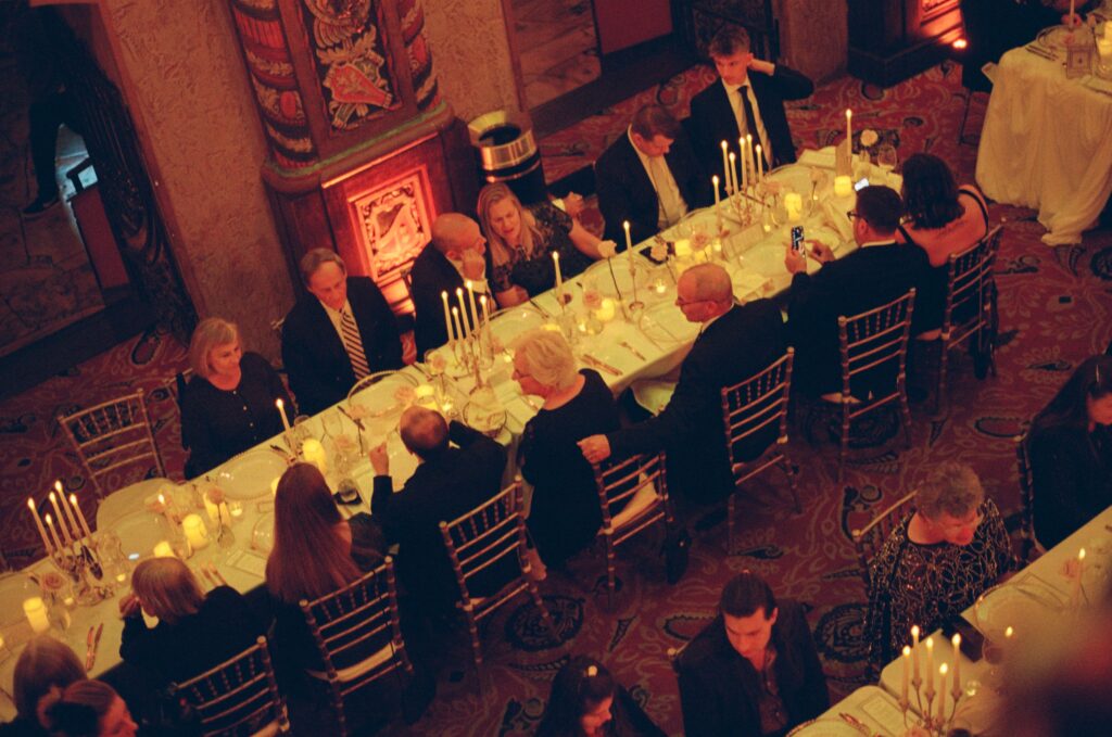 Aerial view of wedding reception dinner inside the Louisville Palace showcasing guest experience in Louisville KY