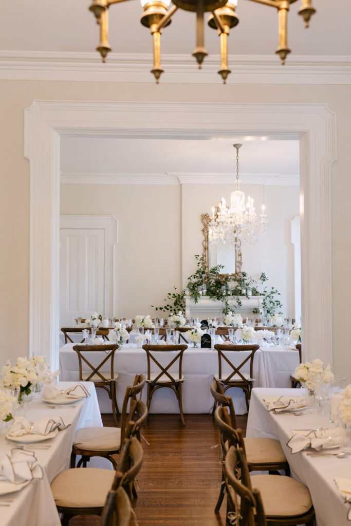 Elegant reception table settings inside Peterson Dumesnil House in Louisville Kentucky
