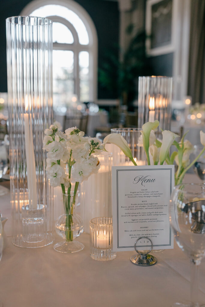 Elegant wedding table settings at The Olmsted in Louisville Kentucky with modern black and white decor