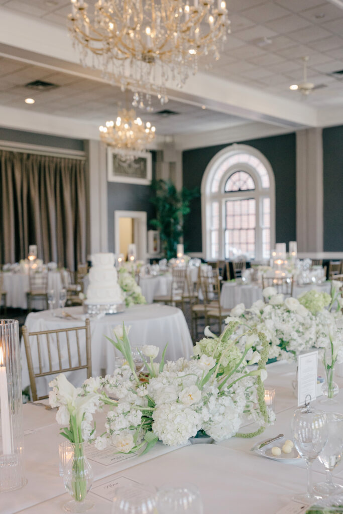 Ballroom reception at The Olmsted wedding venue featuring white florals and candlelit reception design