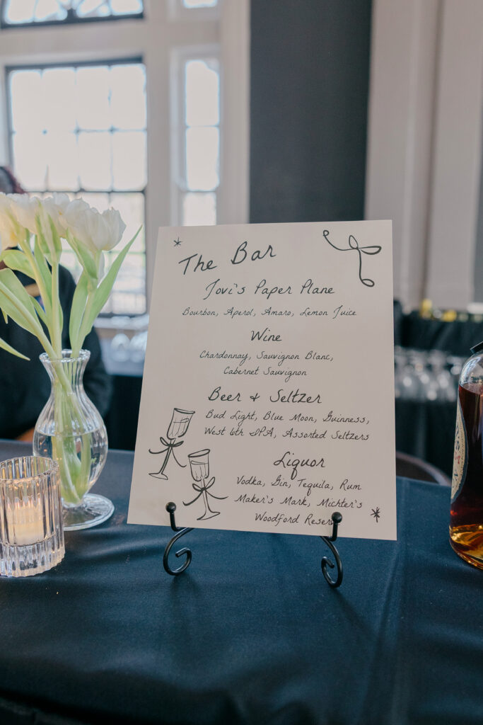 Custom wedding bar menu display at The Olmsted wedding reception in Louisville KY