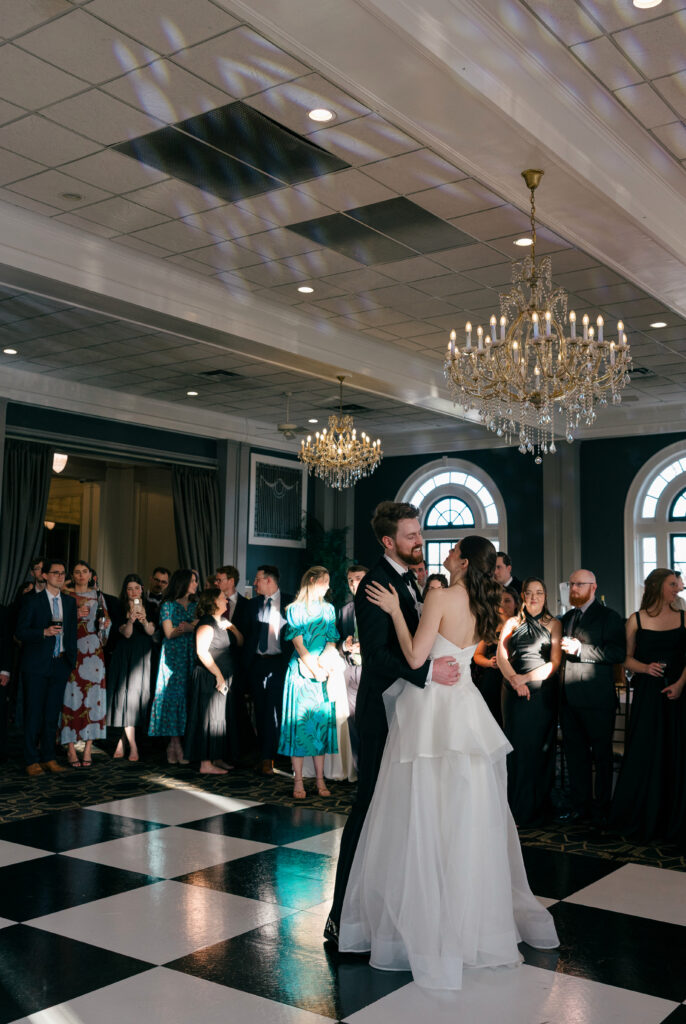 Bride and groom sharing their first dance during elegant reception at The Olmsted Louisville KY