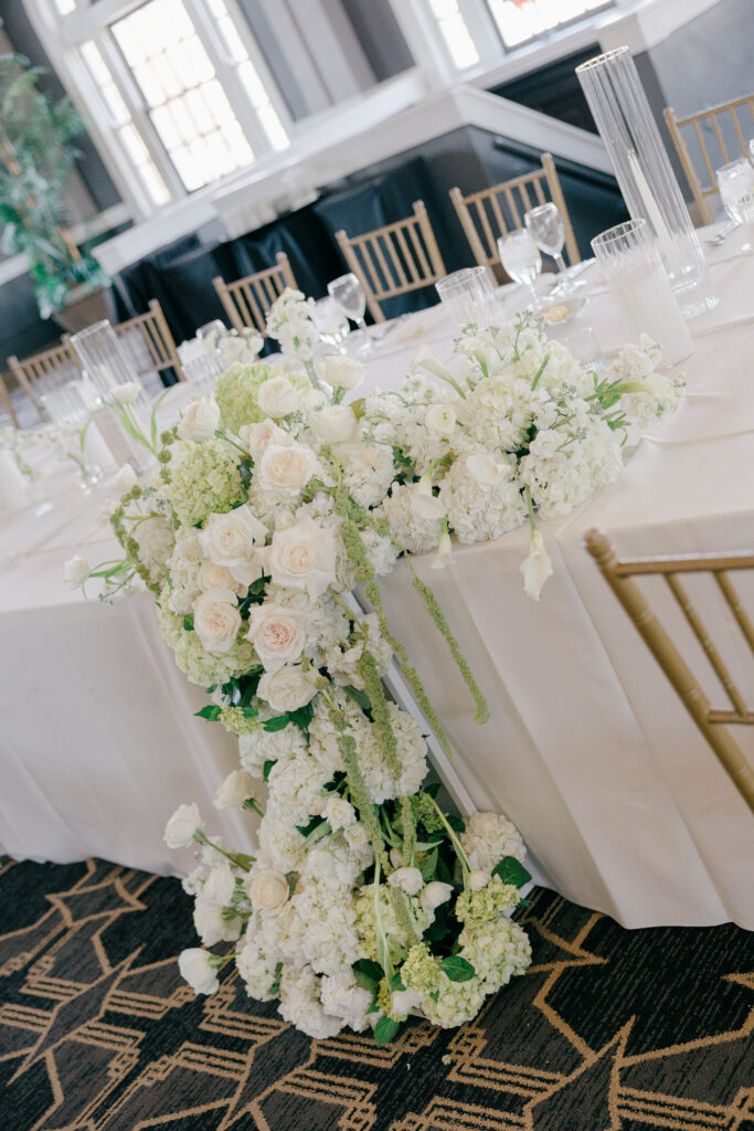 Sculptural floral centerpieces and reception table flowers at The Olmsted Louisville wedding