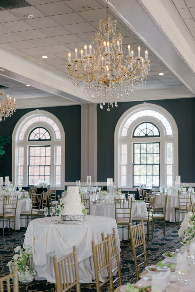 Wide reception setup at The Olmsted in Louisville featuring candlelit tables and white floral arrangements